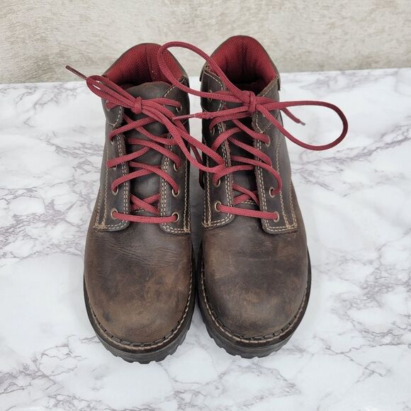 American Eagle Vintage Brown Leather  Boots with Deep Red Laces Chunky Lug Soles - Picture 2 of 12